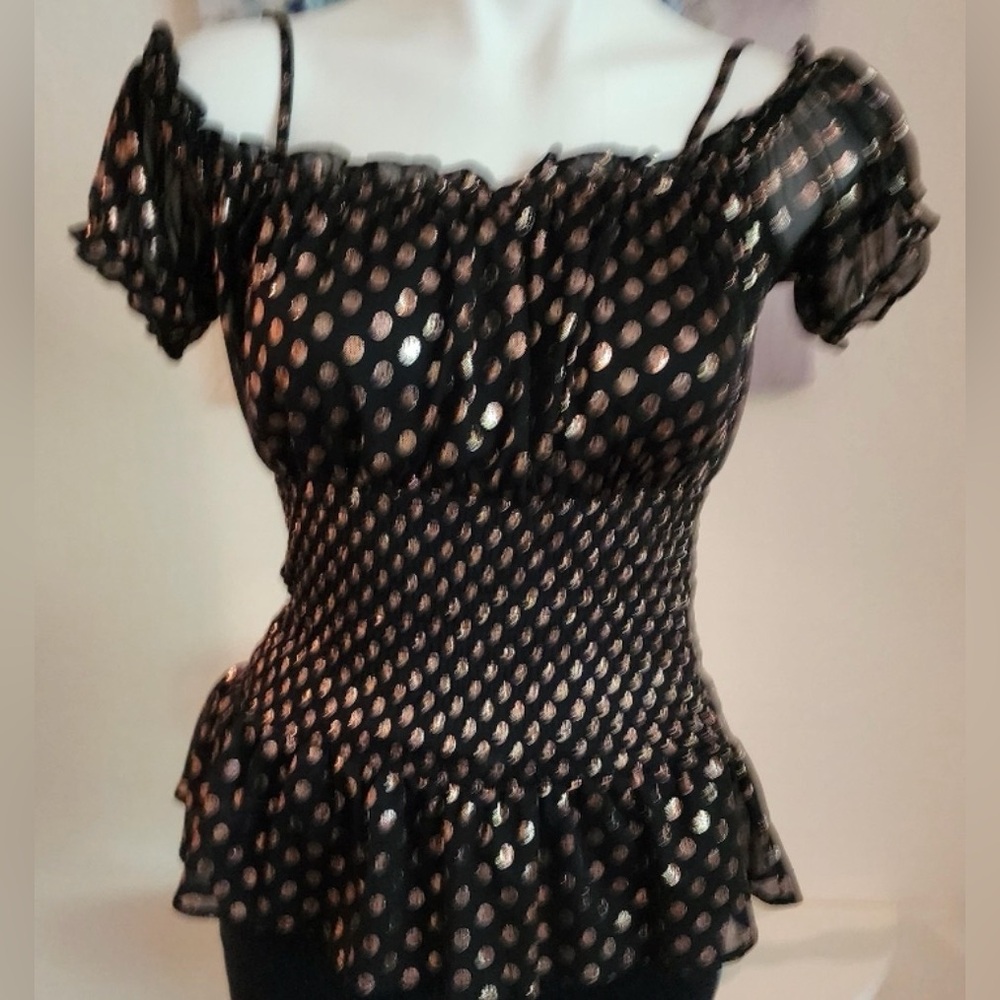 VENUS Black Off-Shoulder Peplum Top with Metallic Gold Dots